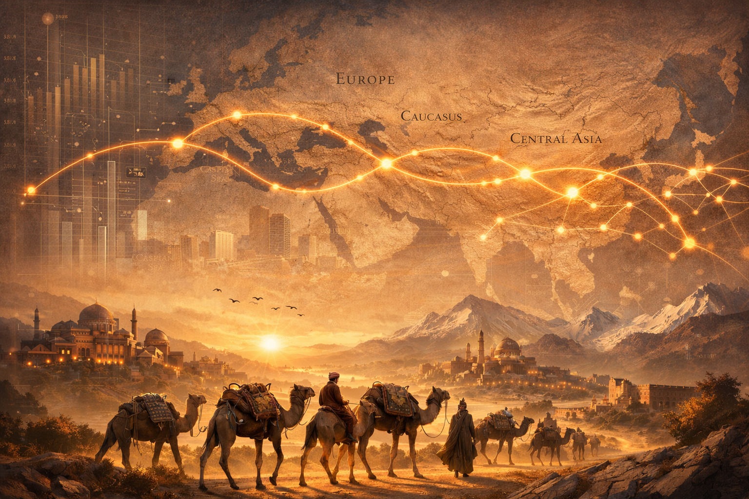 Un paisaje con caravanas de camellos cruzando un desierto al amanecer, con montañas nevadas en el fondo y un cielo dorado. Sobre la imagen, un mapa del mundo con una línea luminosa conectando Europa, Caucase, Asia Central y otras regiones.