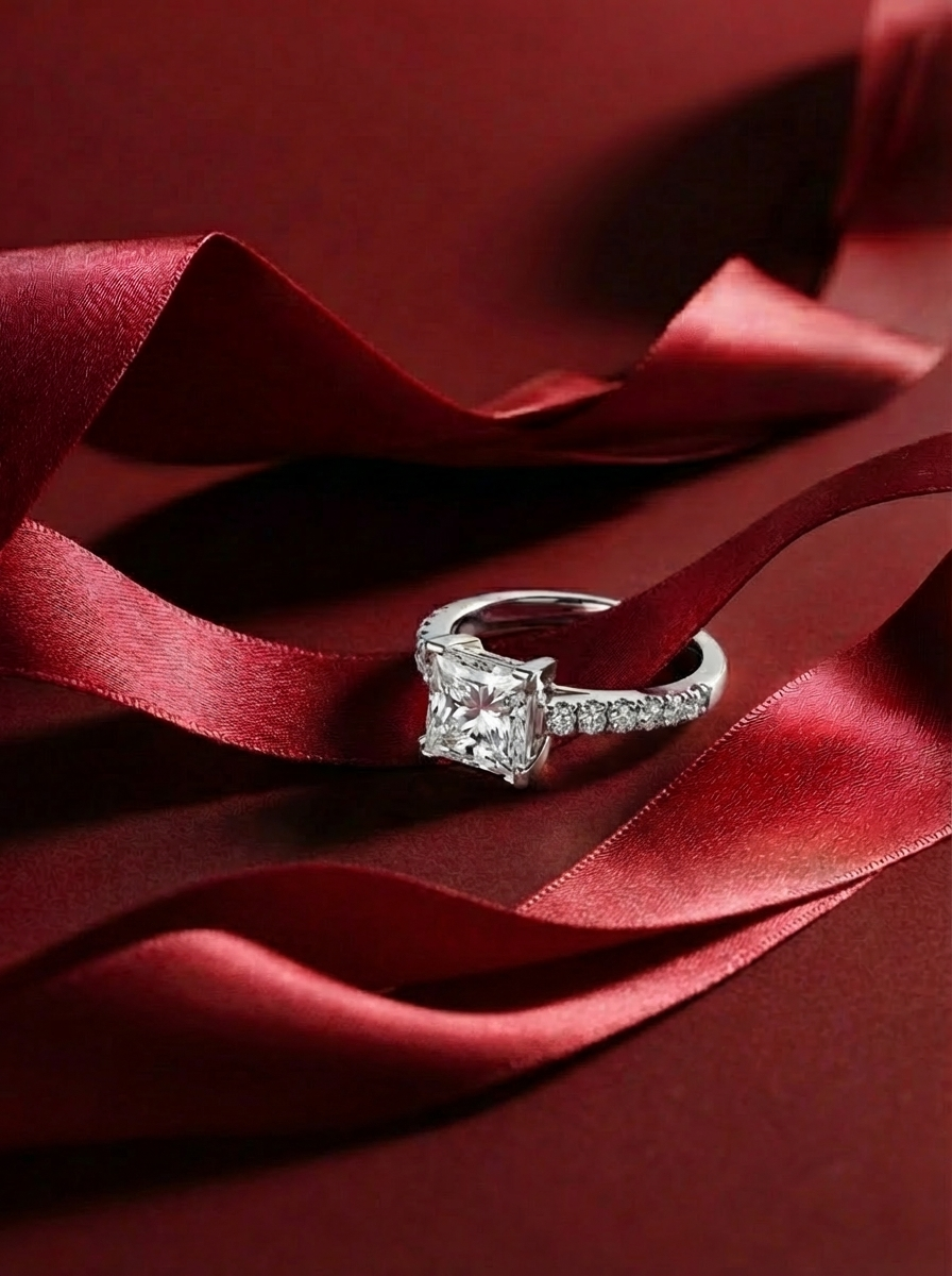 Luxe diamanten ring liggend op rood satijn met zachte schaduwen en glans.