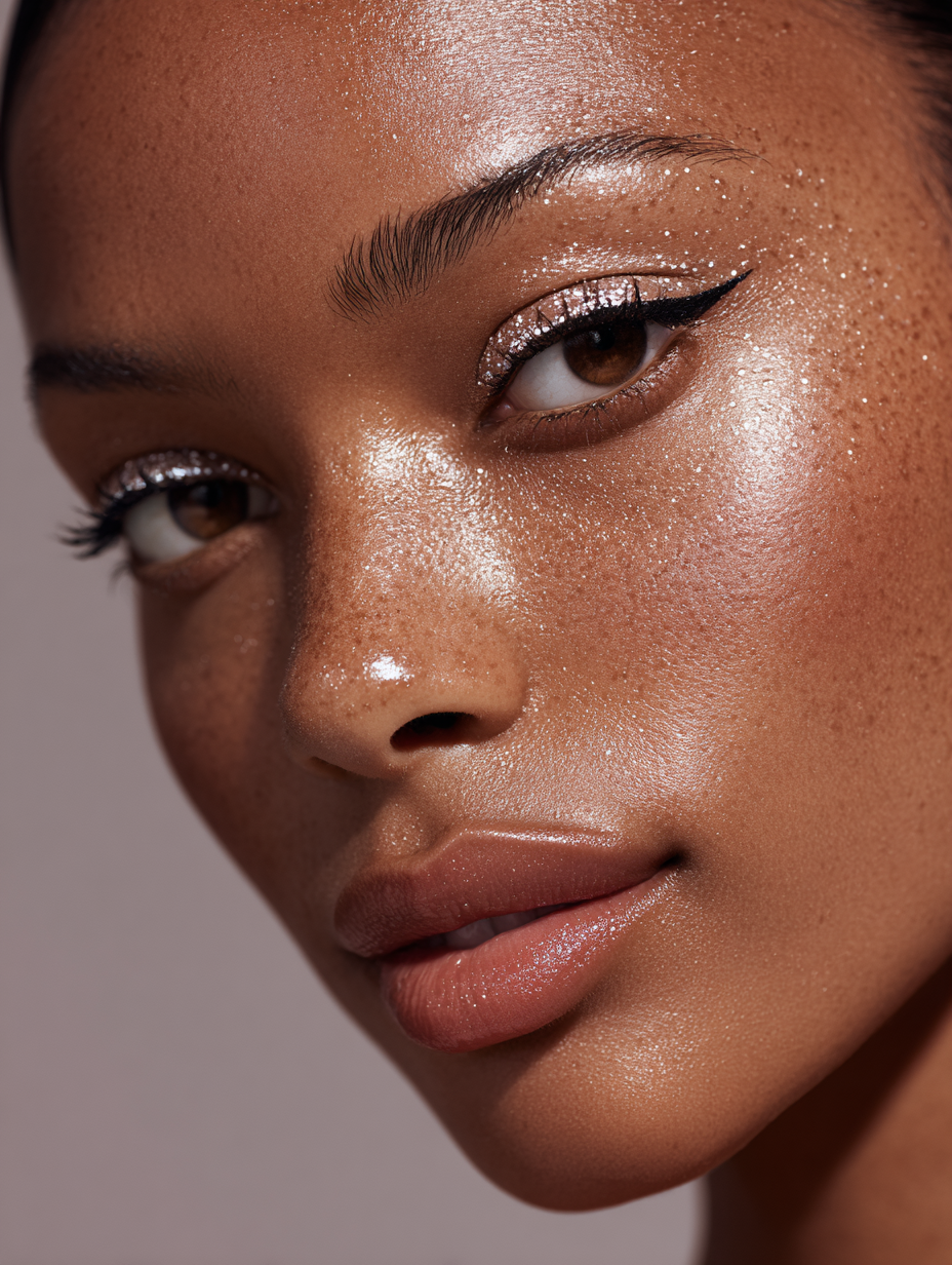 Close-up van het gezicht van een vrouw met glinsterende make-up, waaronder zilveren oogschaduw, een winged eyeliner en glanzende lippen, met focus op haar oog en jukbeen.