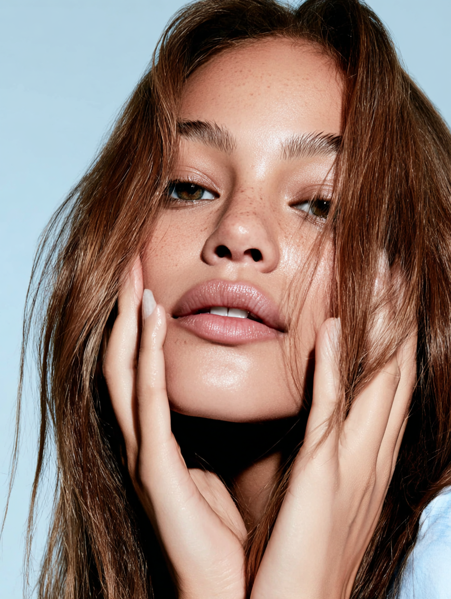 Editorial beauty portret met focus op glowy huid, sproeten en natuurlijke make-up.