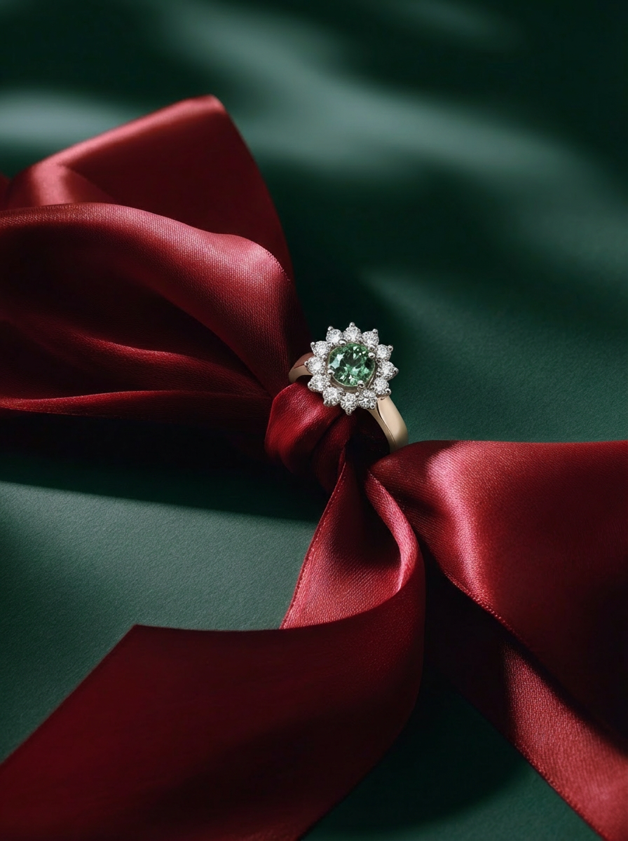 Luxe ring met groene steen, gestyled met rood satijnen lint op donkergroene achtergrond.