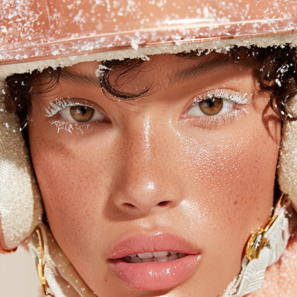 Editorial beauty portret met natuurlijke sproeten, glanzende huid en winterse styling