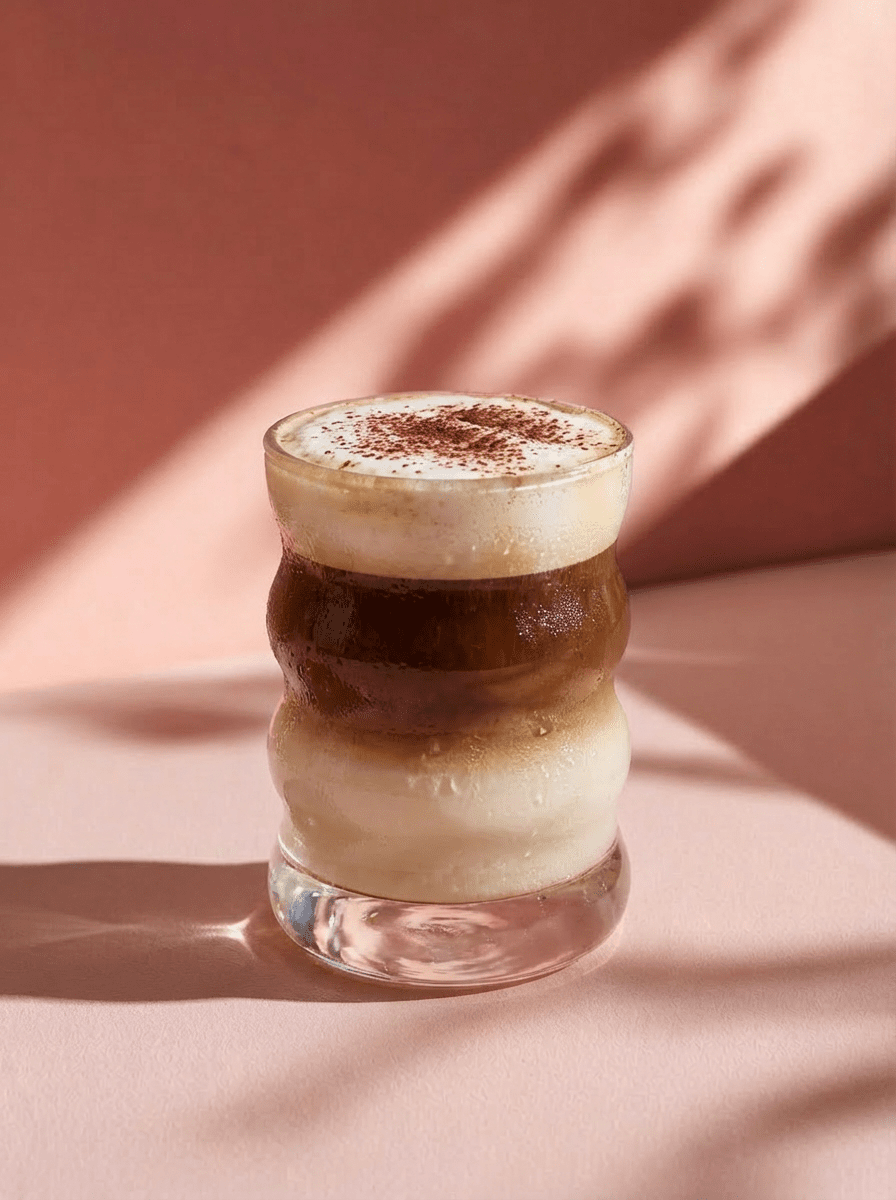 Gelaagde iced latte met melk in een bubble glas op een roze achtergrond