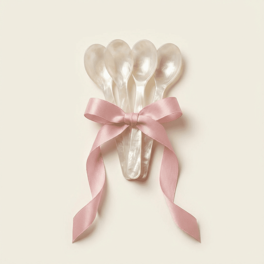 Vier glazen lepels van Glassy Studio, samengebonden met een roze satijnen lint.