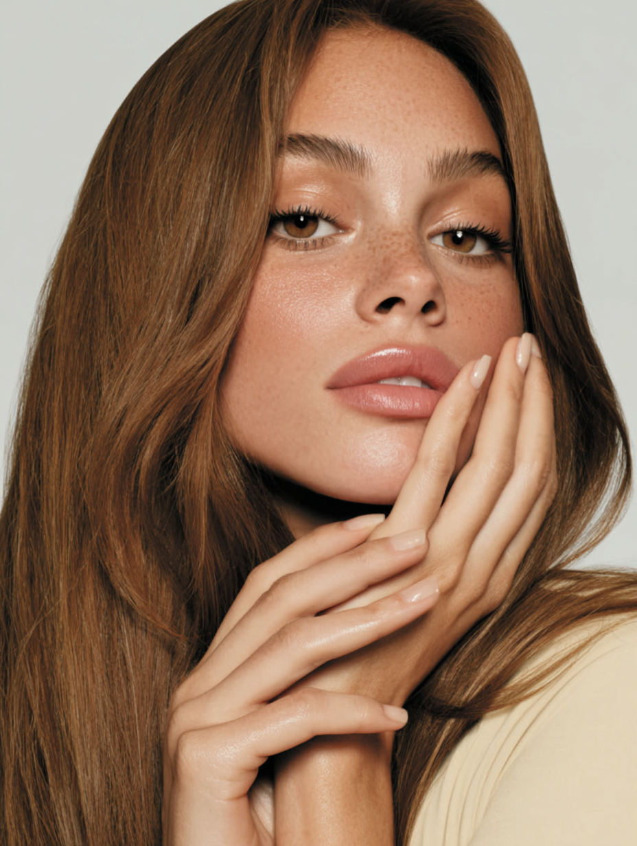 Close-up portret van een vrouw met lang rood haar en sproeten, die zachtjes haar gezicht aanraakt met haar handen en in de camera kijkt.