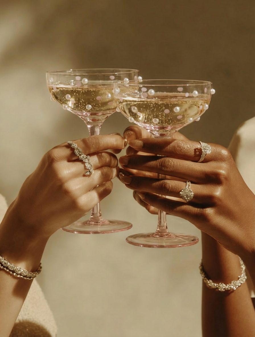 Twee vrouwen die champagneglazen van Lepelclub vasthouden met een roze drankje en pareldecoraties, terwijl ze ringen en armbanden dragen.