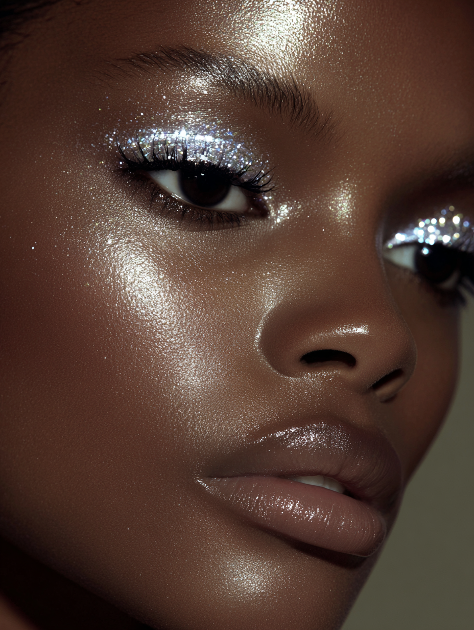 Close-up van een vrouw met glinsterende make-up op haar oogleden, lippen en jukbeenderen.