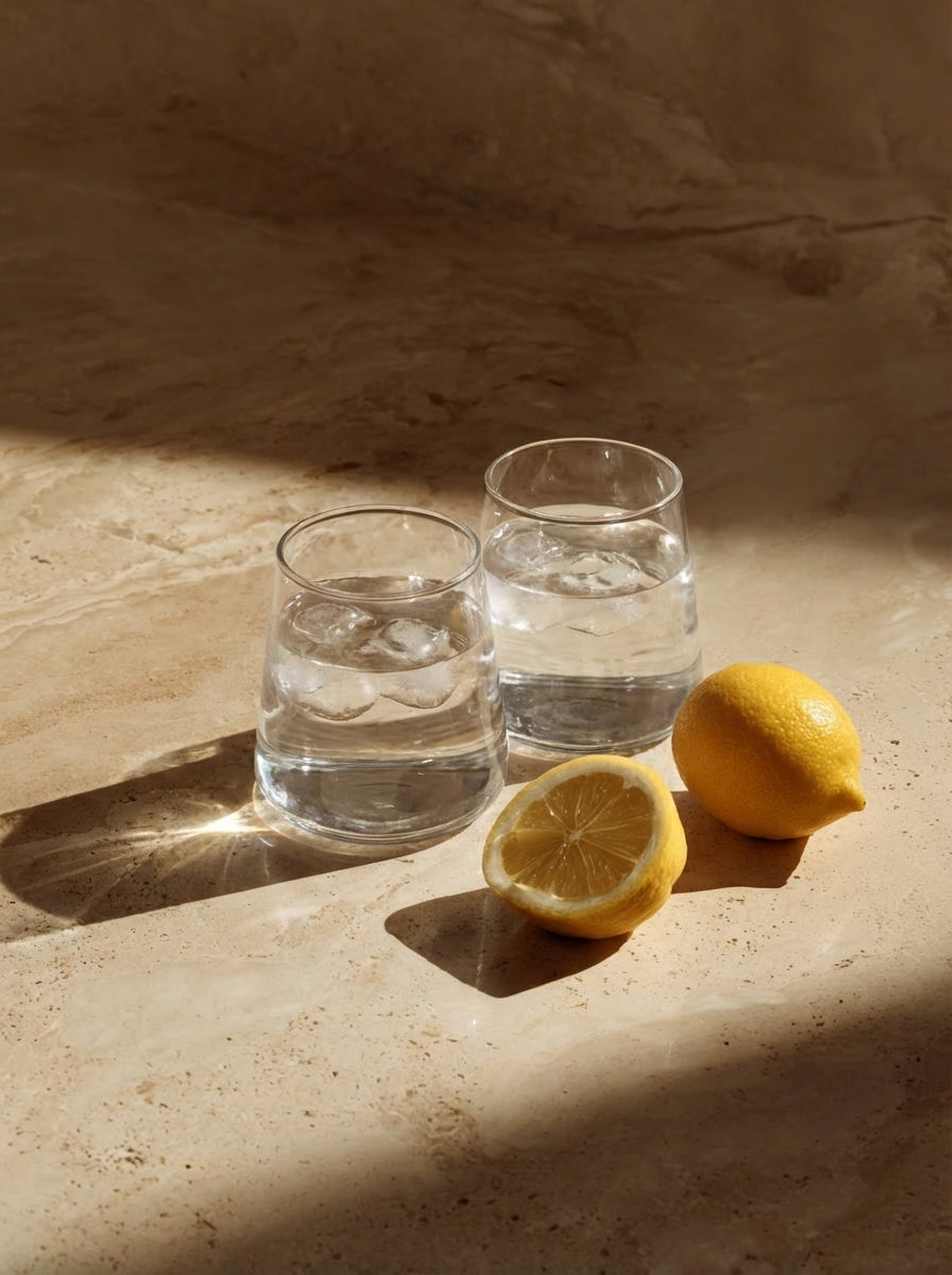 Twee glazen van Glassy Studio met ijsblokjes, gestyled met een halve citroen in warm natuurlijk licht.