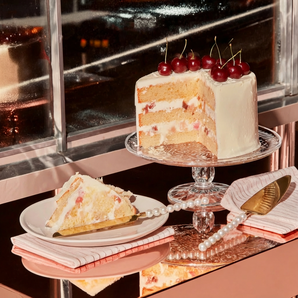 Taartschep en mes van Lepelclub met parelhandvat bij gelaagde taart in editorial setting
