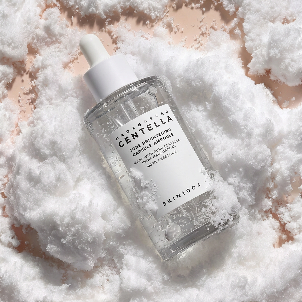 A skincare bottle labeled 'Madagascar Centella Tone Brightening Capsule Ampoule' on a bed of white fluffy material, with a white dropper cap.