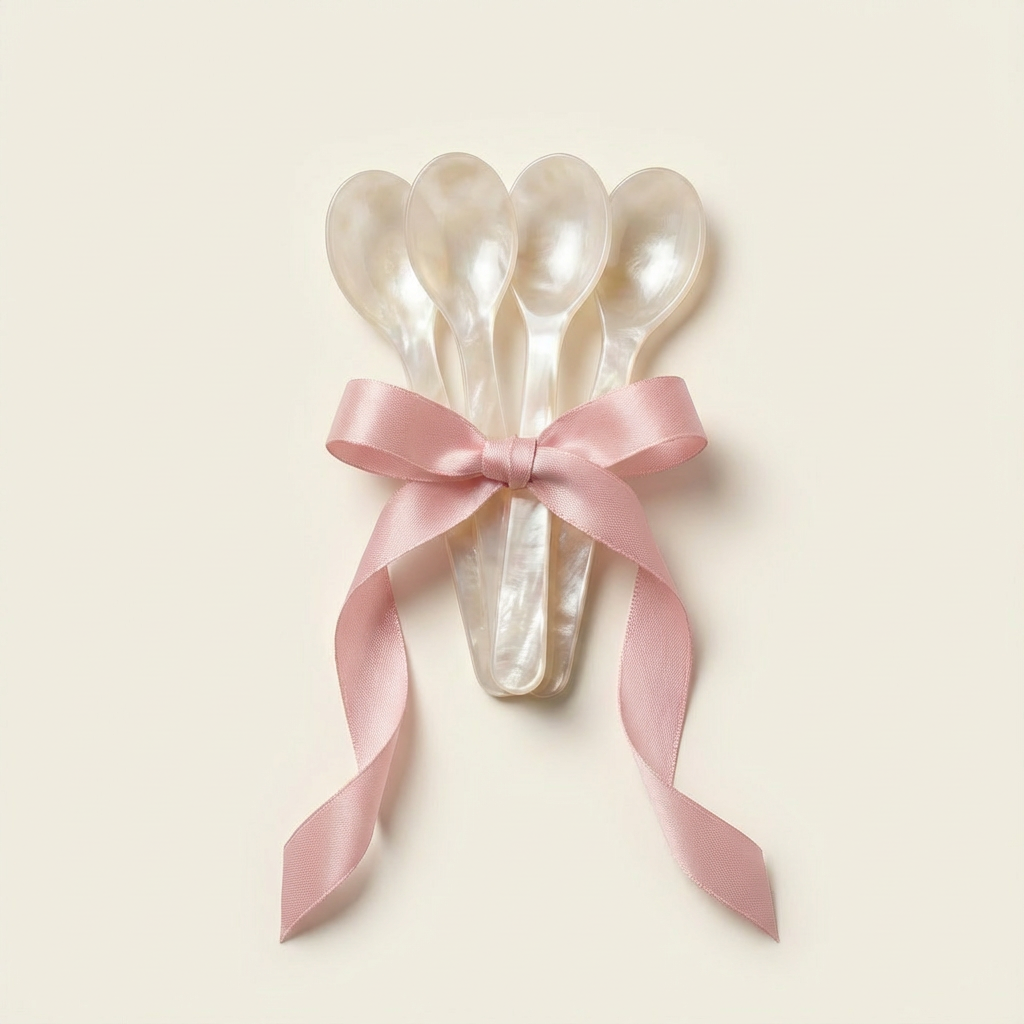Vijf transparante glazen lepels van Glassy Studio, samengebonden met een roze satijnen lint.