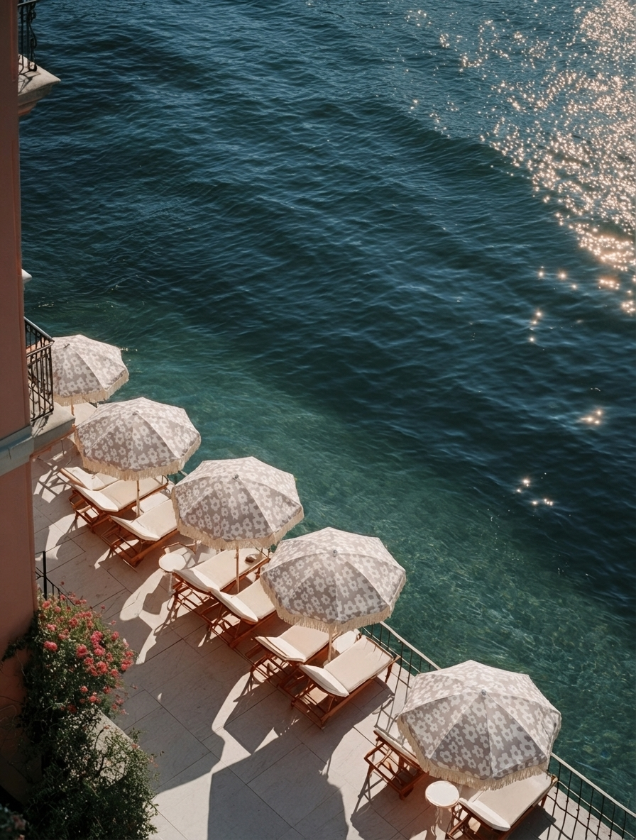 Beach chairs with umbrellas on a terrace overlooking the ocean, sunny weather, sparkling water