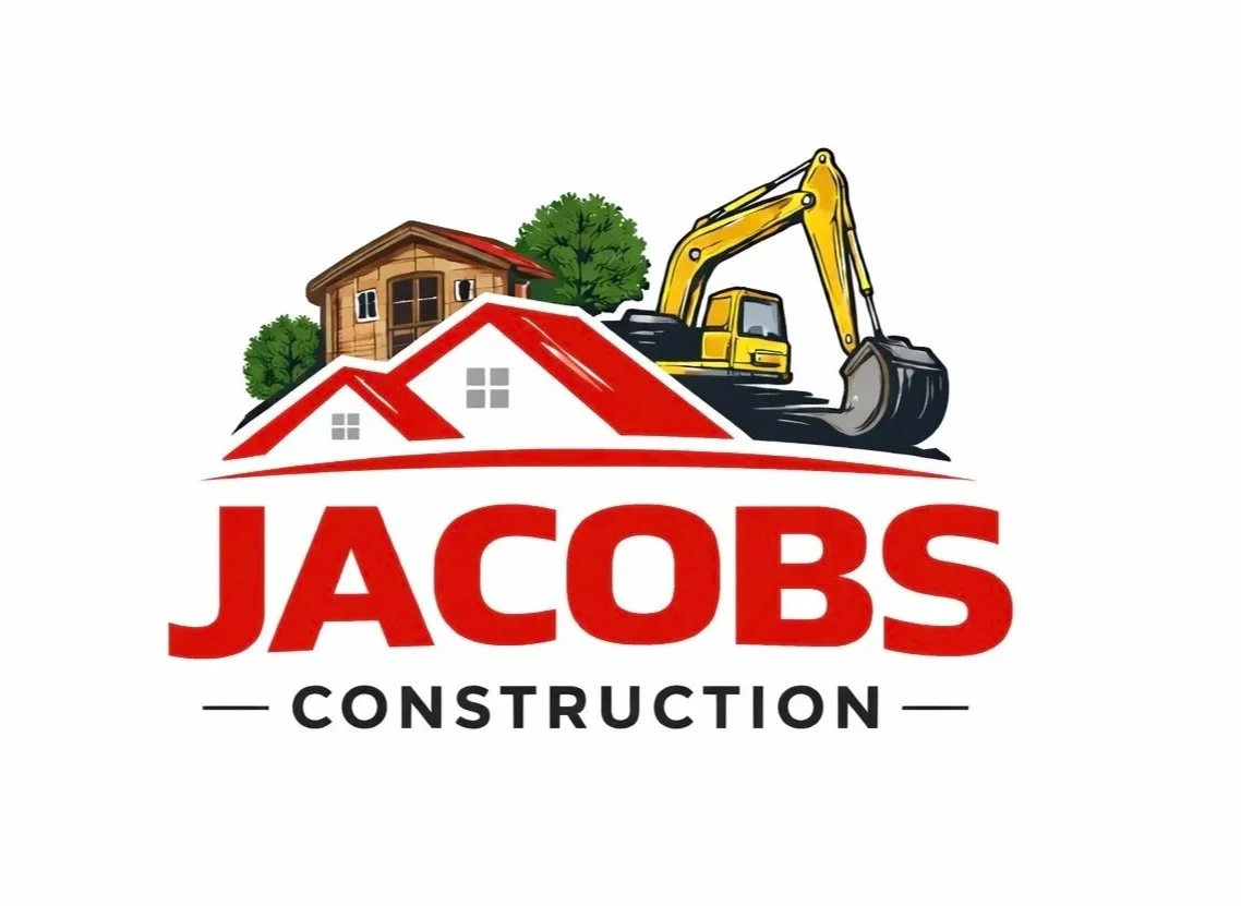 Logo for Jacobs Construction featuring a house, a tree, and construction equipment with the company name in bold red and black text.
