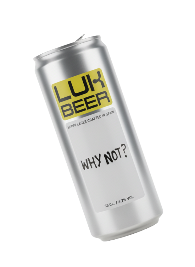 Lata de cerveza Lux Beer con la etiqueta que dice 'WHY NOT?' y 'Hoppy lager crafted in Spain'