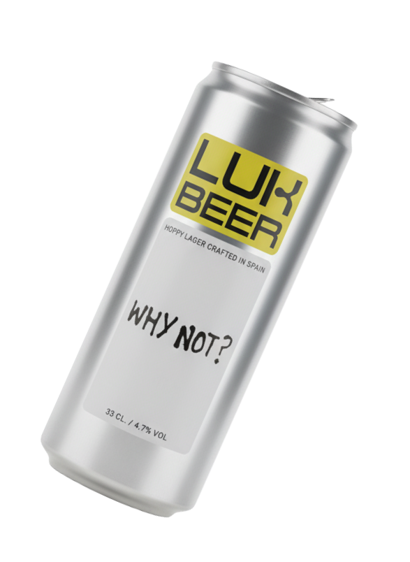 Lata de cerveza LUX BEER con la frase "WHY NOT?" y etiqueta que dice "Hoppy Lager crafted in Spain".
