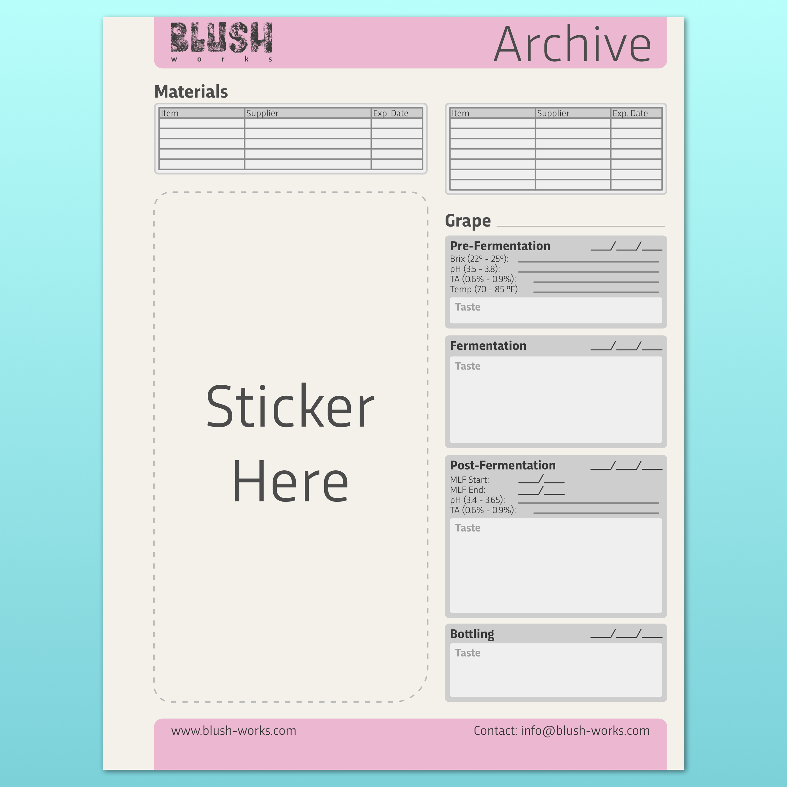 Archive Sheet front - production data and sticker zone for the transferred recipe card