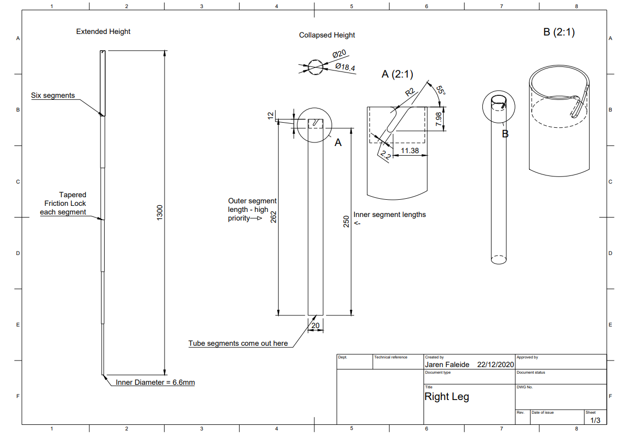 Engineering drawing detailing leg segment lengths, diameters, and collar junction