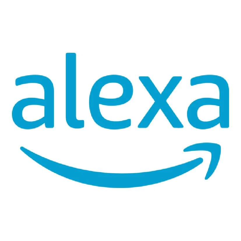 Amazon Alexa logo with blue text and a curved arrow underneath.