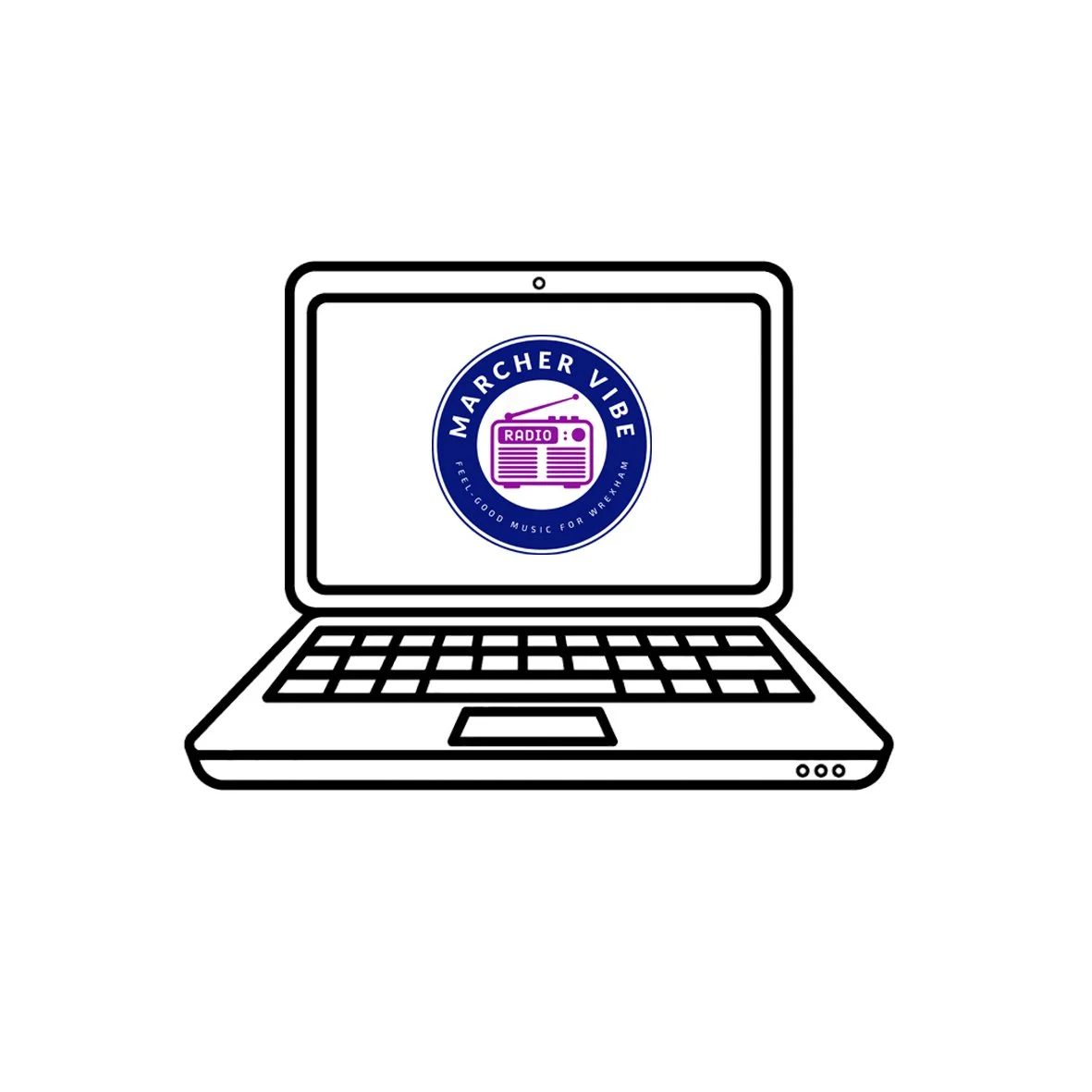 Outline of a laptop displaying a circular logo for 'MARCHER VIBE' radio station with text 'Feel Good Music for Wexham' and a purple radio icon.