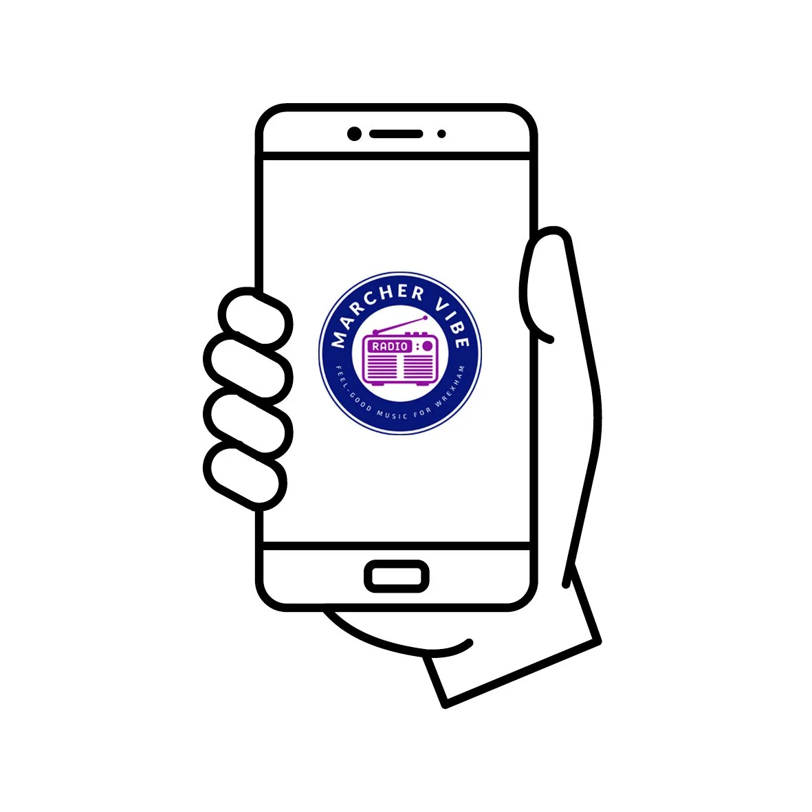 Hand holding a smartphone displaying a circular logo with the text 'Marcher Vibe Radio' and an illustration of a radio with the slogan 'Feel Good Music for Wrexham'.