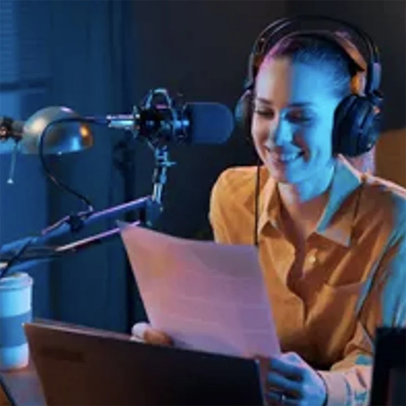 A woman wearing headphones reading a script in a recording studio with a professional microphone.