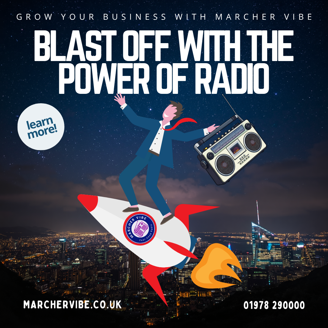 A promotional graphic for Marcher Vibe with a night city skyline in the background, showing a man in a suit riding a rocket with a radio and a happy expression. The text reads, 'Grow your business with Marcher Vibe', 'Blast off with the power of radio', and 'Learn more!'