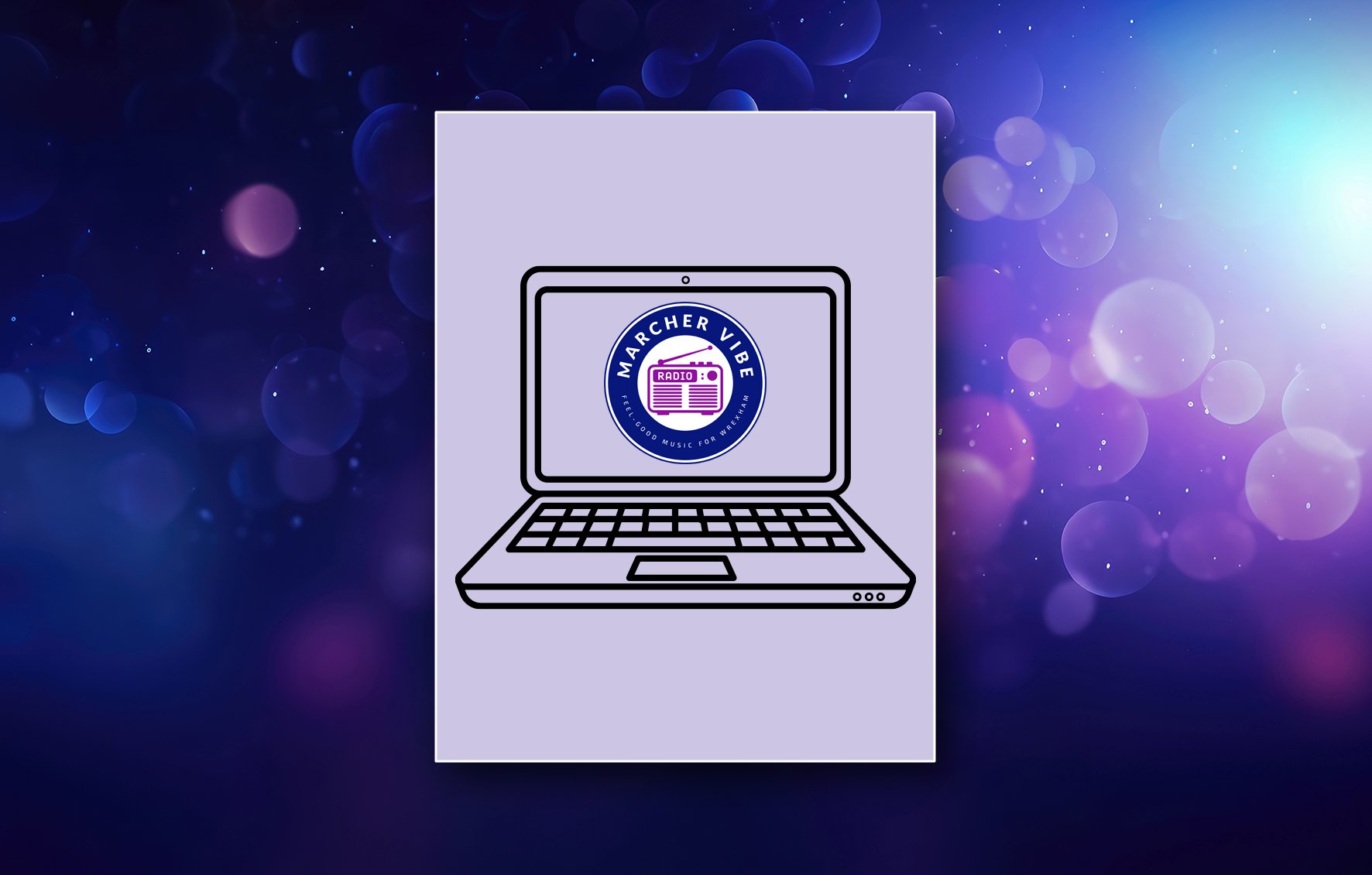 An illustration of a laptop with a circular logo on the screen that reads 'Marcher Vibe Radio'. The logo features a radio and music notes, and the background is a digitally rendered image with purple, blue, and white bokeh lights.