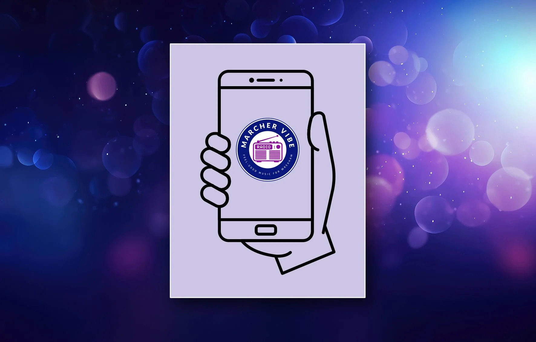 Illustration of a hand holding a smartphone with a circular logo that reads 'MARCHER VIBE RADIO - FEEL GOOD MUSIC FOR WEXFORD' on the screen.