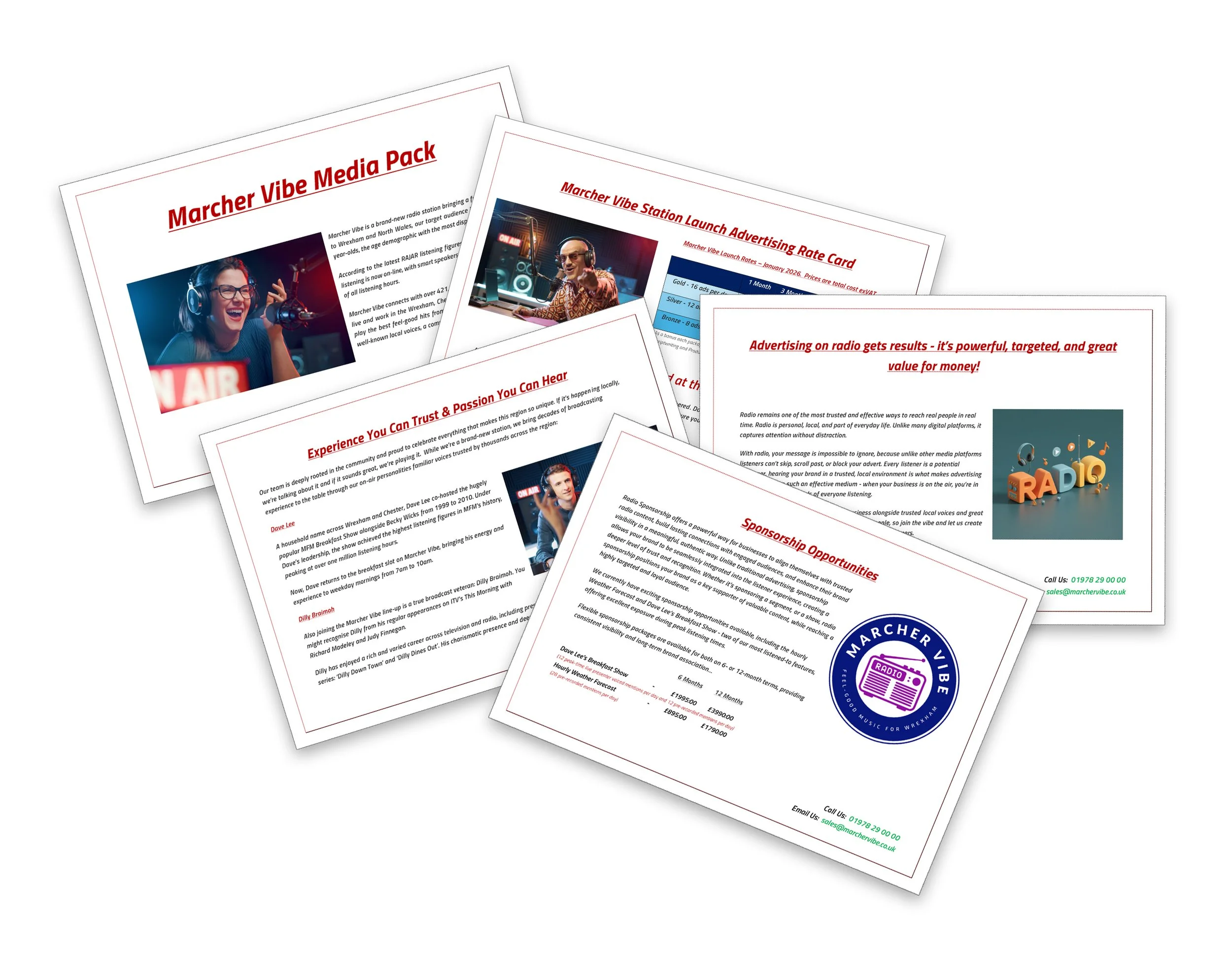 Collection of brochures and flyers promoting Marcher Vibe radio station, including media pack, station launch advertising rate card, testimonials, advertising benefits, sponsorship opportunities, and contact information.