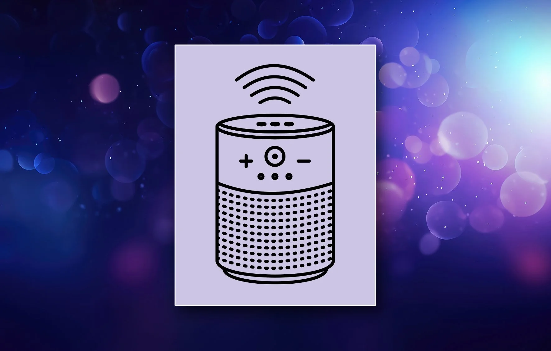 Line drawing of a smart speaker with Wi-Fi signal icon above it, featuring control buttons and a perforated speaker grille.