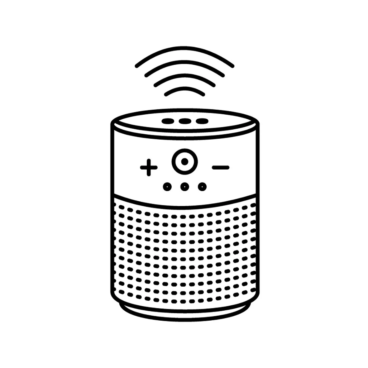 Line drawing of a smart speaker with Wi-Fi signal above, plus and minus buttons, and dotted pattern on the lower part.