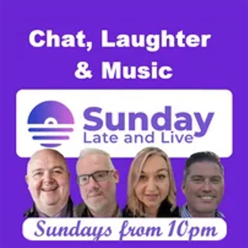 Purple promotional poster for a Sunday late night show called "Sunday Late and Live" focusing on chat, laughter, and music. Features images of four hosts or performers and mentions airing Sundays from 10 pm.