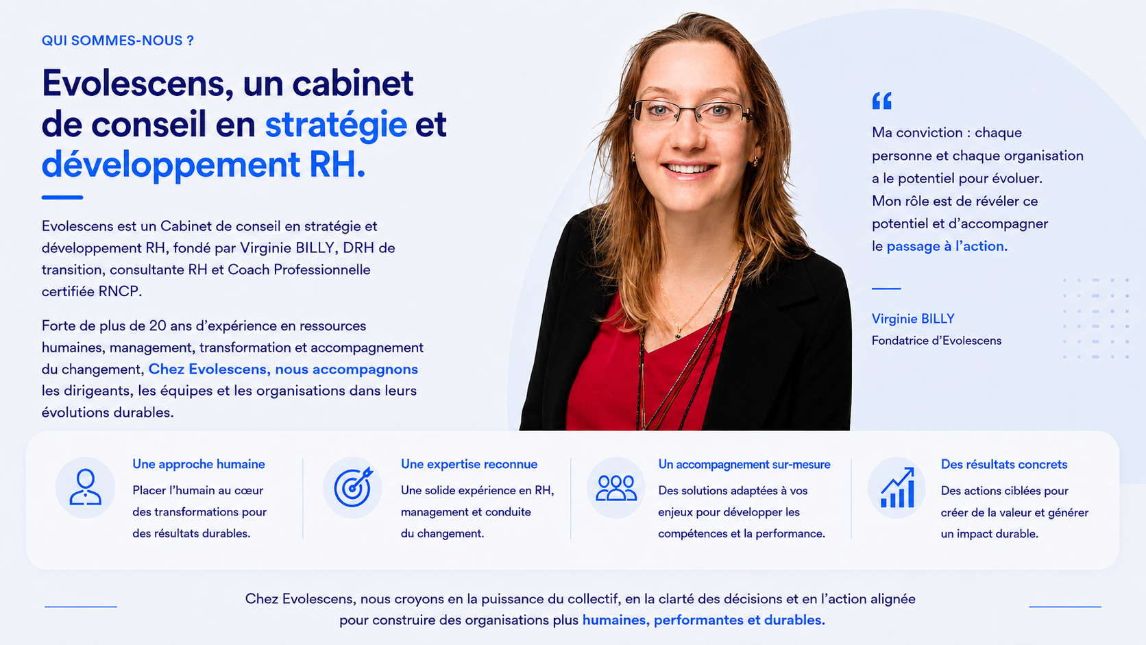 Page web présentant le cabinet de conseil en stratégie et développement RH, avec photo d'une femme souriante, texte en français décrivant leur expertise, mission et valeurs, et icônes illustrant leurs services