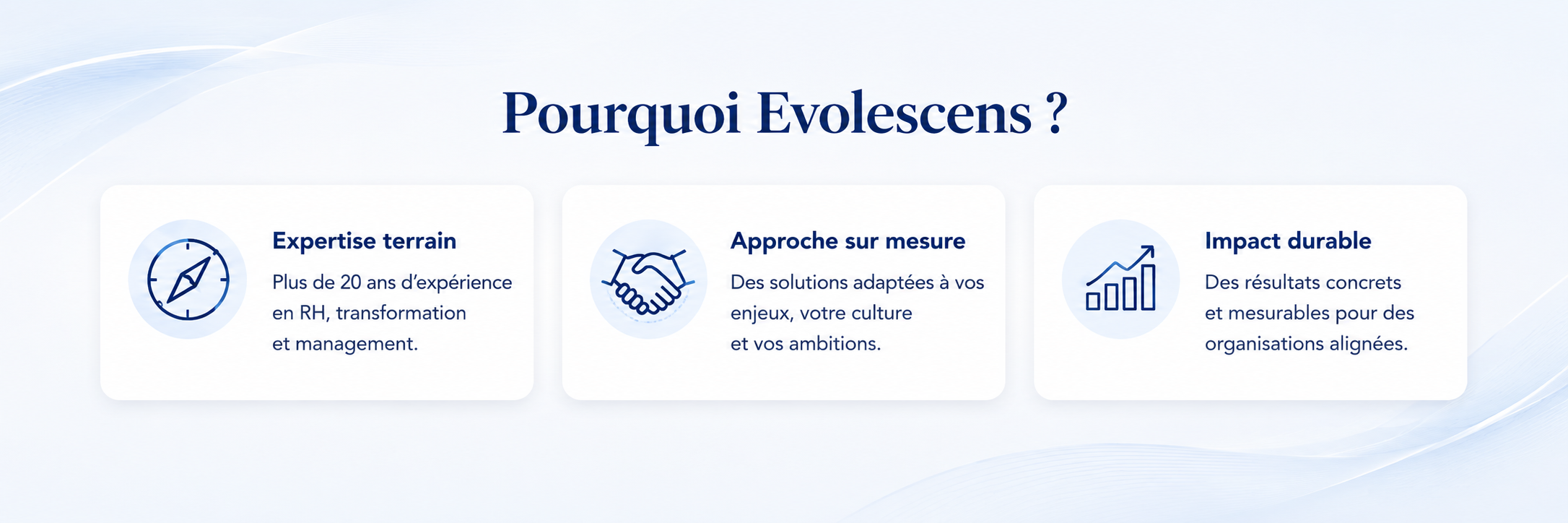 Une présentation avec le titre «Pourquoi Evelopens ?» et trois sections : Expertise terrain avec une icône de boussole, Approche sur mesure avec une icône de poignée de main, Impact durable avec une icône de graphique en hausse.