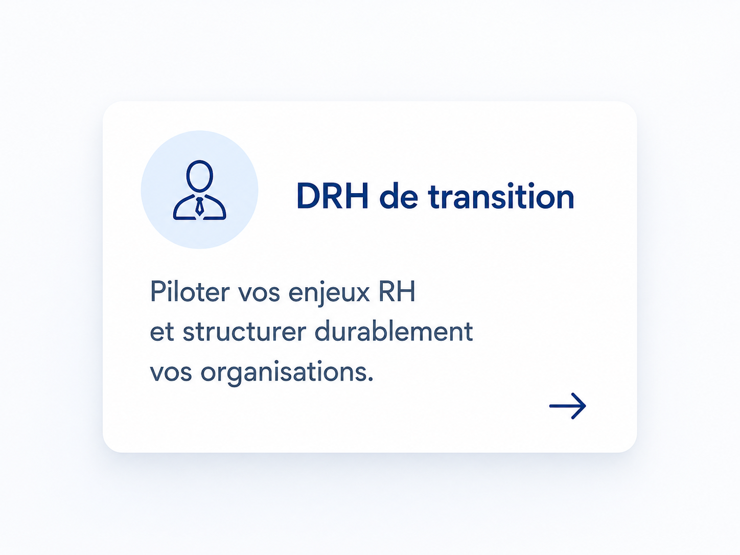 Carte de formation intitulée 'DRH de transition' avec une icône d'une personne en costume et une flèche pointant vers la droite, texte en français sur la gestion et la structuration durable des enjeux RH.