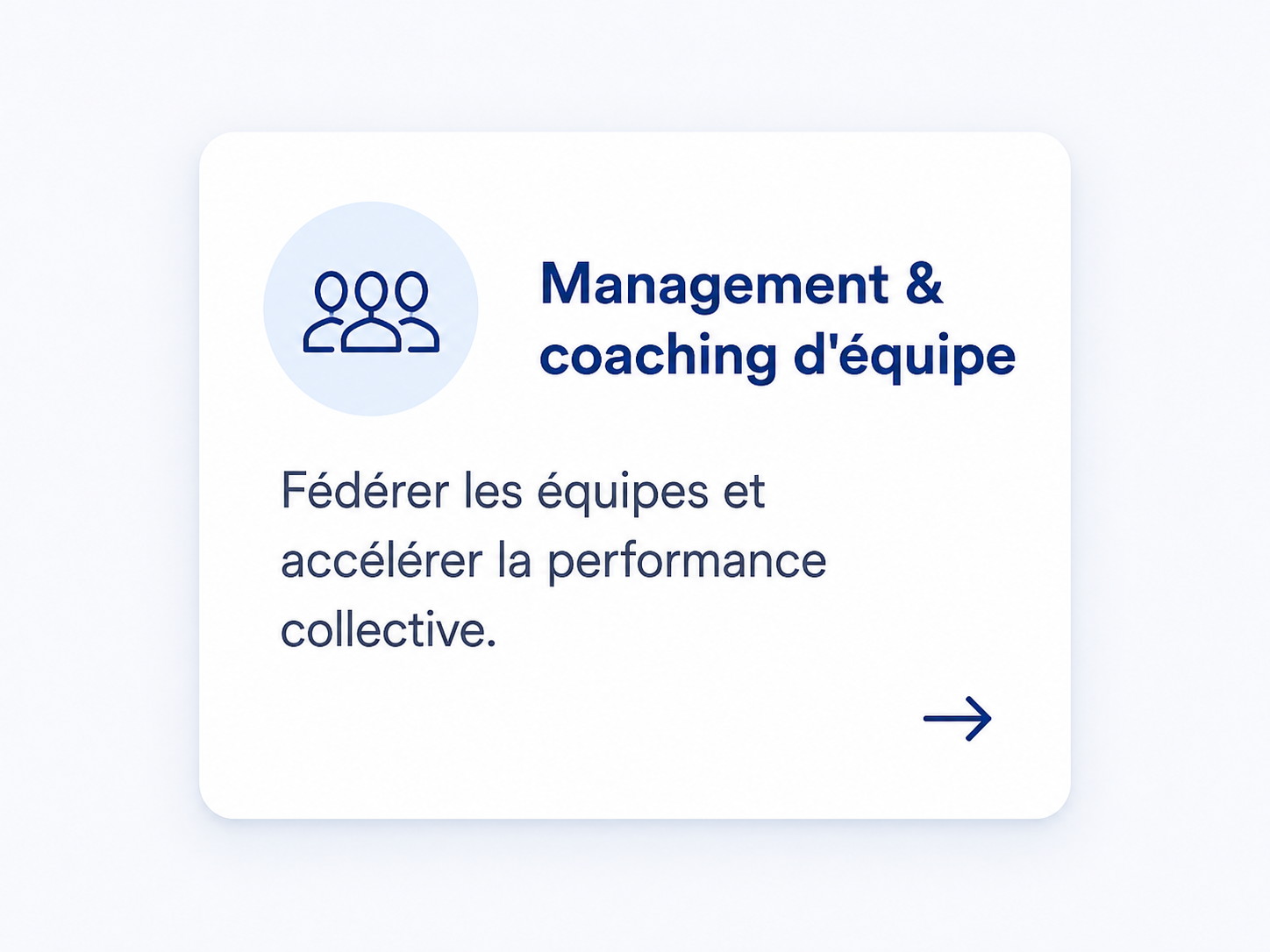Une section d'une plateforme de formation ou d'information sur la gestion d'équipe, avec une icône représentant trois personnes, un titre en gras "Management & coaching d'équipe" et un texte expliquant l'importance de fédérer les équipes et d'accélérer leur performance collective, avec une flèche indiquant une navigation vers plus d'informations.