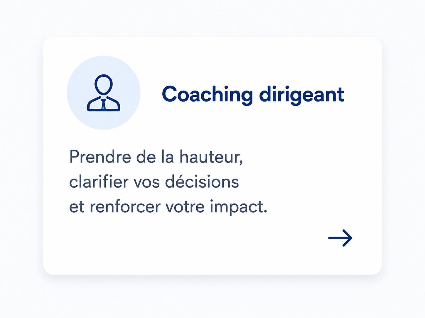 Une interface numérique avec une icône représentant un dirigeant et le texte "Coaching dirigeant" en français, incluant une description de la prise de décision et de l'impact.
