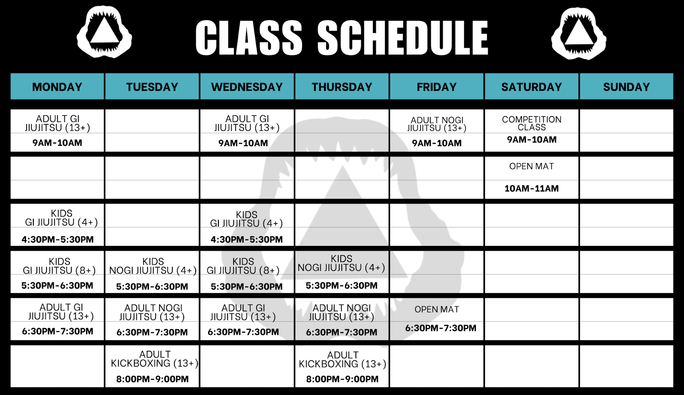 Weekly class schedule with martial arts classes for different age groups, including Gi Jiu Jitsu, Nogi Jiu Jitsu, Kids classes, Open Mat, and Kickboxing, organized by days of the week from Monday to Sunday.
