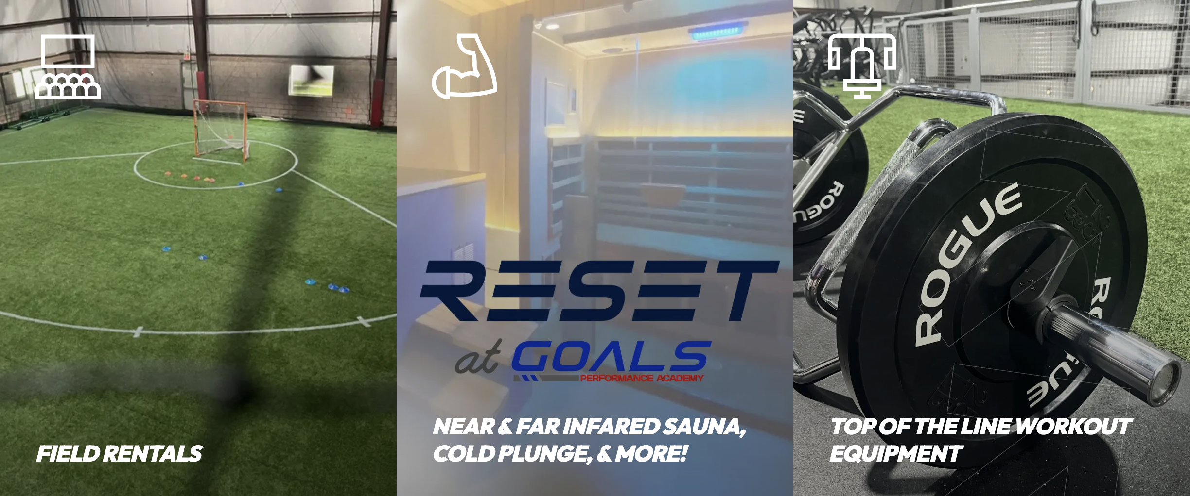 Collage of four images promoting sports and fitness facilities: indoor sports field with goal and cones, infrared sauna interior, barbell with weights, and text overlay about equipment and rentals.