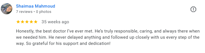 Screenshot of a positive review from Shaimaa Mahmoud praising their doctor for being responsible, caring, and dedicated. Médecin généraliste Français à Dubaï / GP / French GP / French Doctor / French family medicine