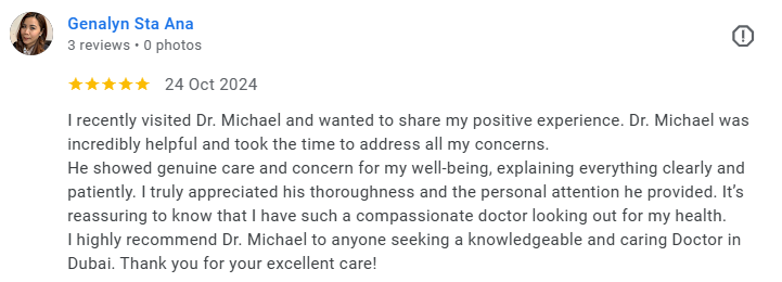 Screenshot of a Google review for Dr. Michael, praising his helpfulness, thoroughness, and caring attitude. Médecin généraliste Français à Dubaï / GP / French GP / French Doctor / French family medicine