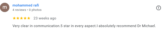 Screenshot of a Google review for Mohammed Rafi, rating five stars, praising Dr. Michael's clear communication and recommending him. Médecin généraliste Français à Dubaï / GP / French GP / French Doctor / French family medicine