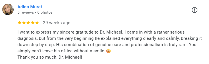 Review from Adina Murat expressing gratitude to Dr. Michael for clear, professional care after a serious diagnosis. Médecin généraliste Français à Dubaï / GP / French GP / French Doctor / French family medicine