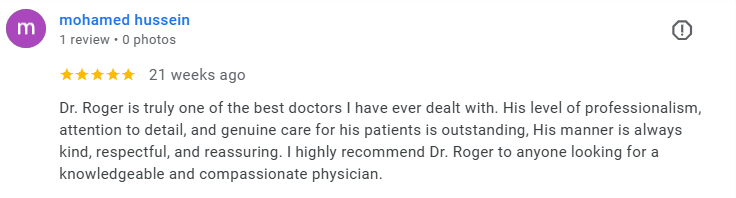 Screenshot of a Yelp review for Dr. Roger by Mohamed Hussein, praising his professionalism and compassionate care. Médecin généraliste Français à Dubaï / GP / French GP / French Doctor / French family medicine