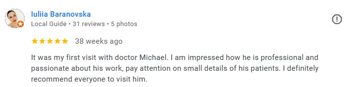  Screenshot of a 5-star review by Julija Baranovska about a visit with doctor Michael, praising his professionalism and attention to detail.Médecin généraliste Français à Dubaï / GP / French GP / French Doctor / French family medicine