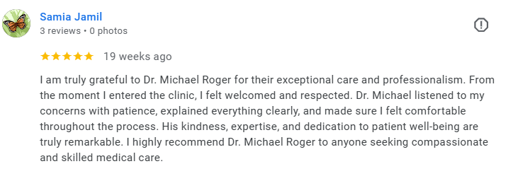 Screenshot of a 5-star review by Samia Jamil praising Dr. Michael Roger. Médecin généraliste Français à Dubaï / GP / French GP / French Doctor / French family medicine