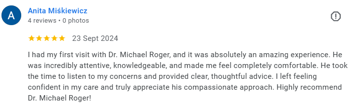 Review of Dr. Michael Roger, positive feedback, 5 stars, date September 23, 2024. Médecin généraliste Français à Dubaï / GP / French GP / French Doctor / French family medicine