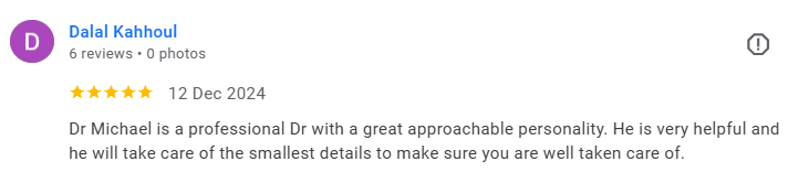 Screenshot of a Google review by Dalal Kahboul praising Dr. Michael for his professional and approachable care. Médecin généraliste Français à Dubaï / GP / French GP / French Doctor / French family medicine