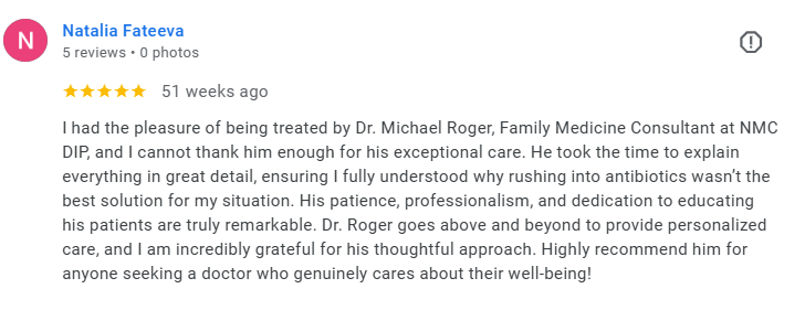 Screenshot of a positive Yelp review by Natalia Fateeva praising Dr. Michael Roger for his exceptional care in family medicine. Médecin généraliste Français à Dubaï / GP / French GP / French Doctor / French family medicine