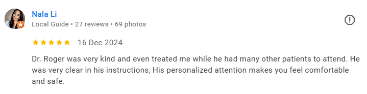 Screenshot of a Google review by Nala Li for Dr. Roger, describing their positive experience. Médecin généraliste Français à Dubaï / GP / French GP / French Doctor / French family medicine